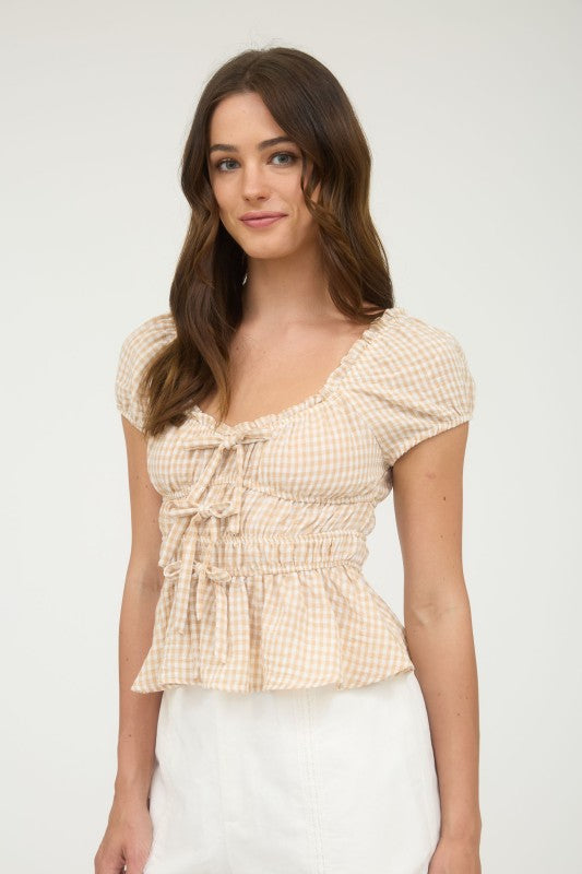 blu pepper khaki checkered peplum top