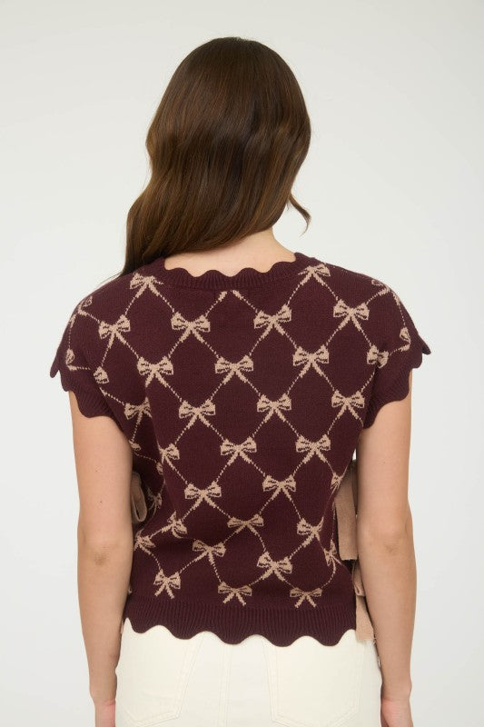burgundy short sleeve bow sweater