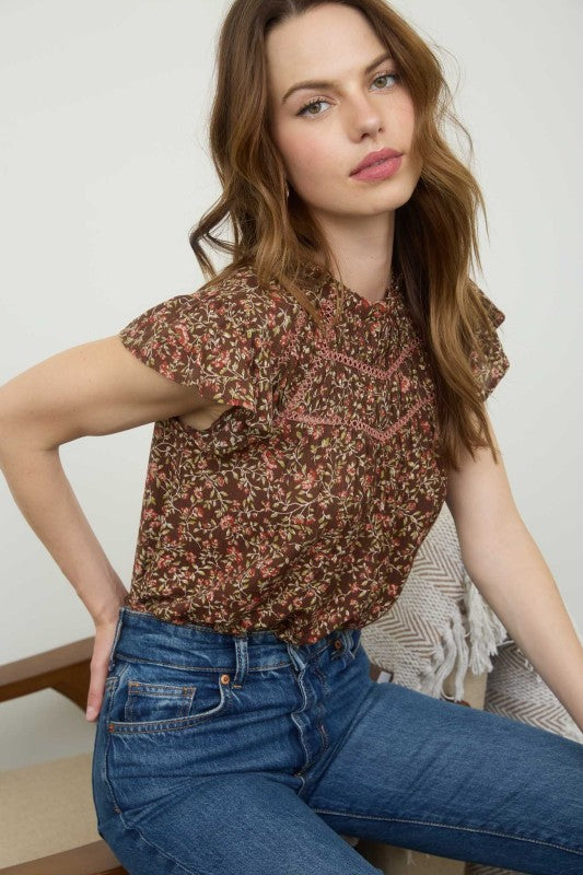 brown short sleeve floral dressy top