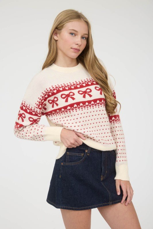 blu pepper cream bow print pullover sweater