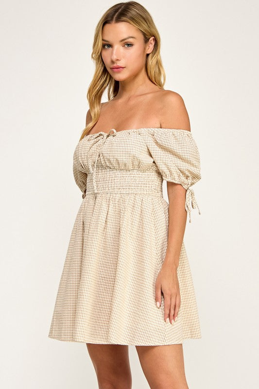 beige gingham fit and flare dress