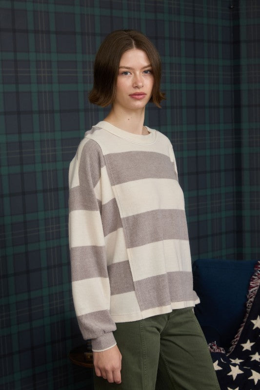 grey and taupe striped long sleeve top