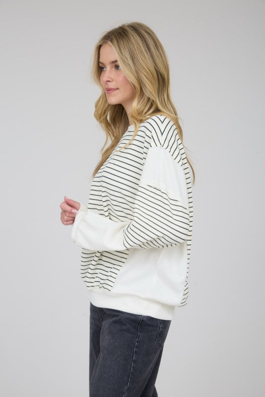 Ivory and Black Striped Color Block Long Sleeve Top
