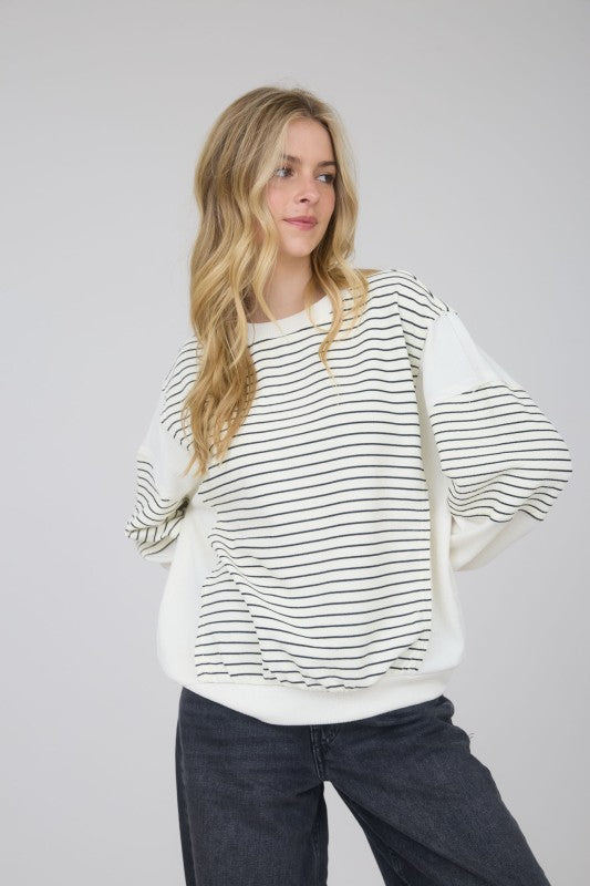 blu pepper ivory and black striped long sleeve top