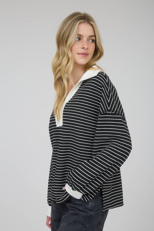 Black Striped Collar Long Sleeve Top
