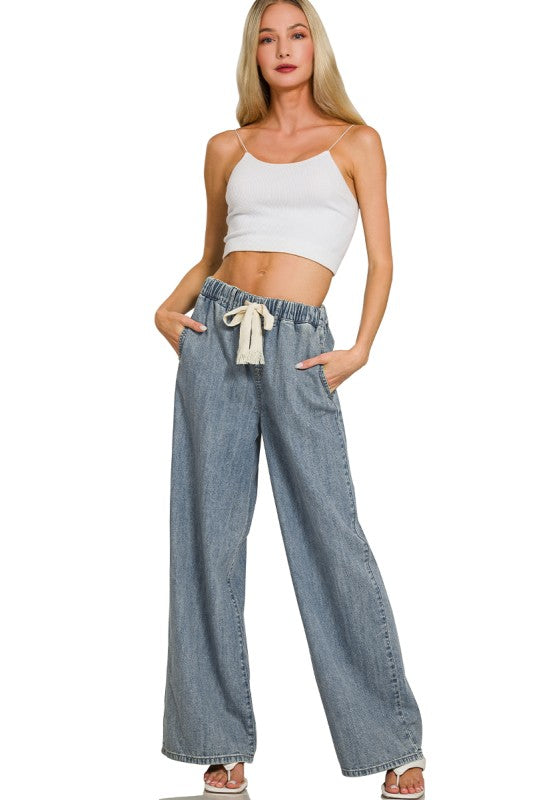 wide leg denim elastic pants