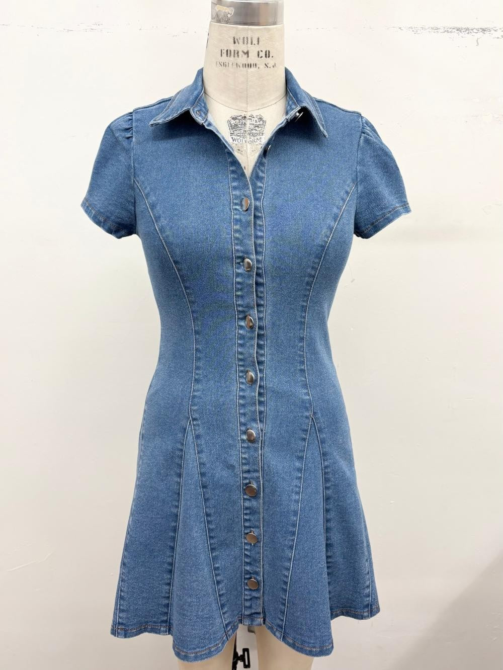 medium wash button down collar denim dress