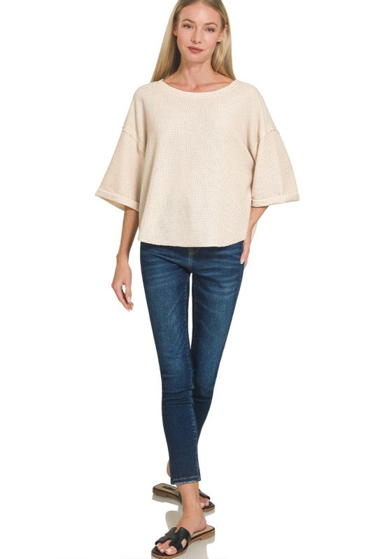 zenana beige flowy wide sleeve top