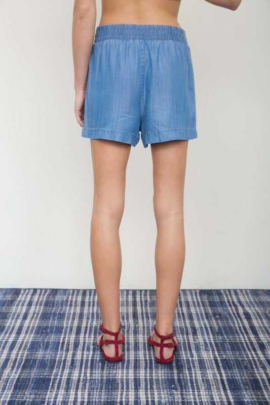 blue elastic waist shorts