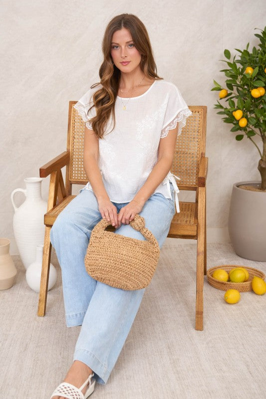 white short sleeve side tie top