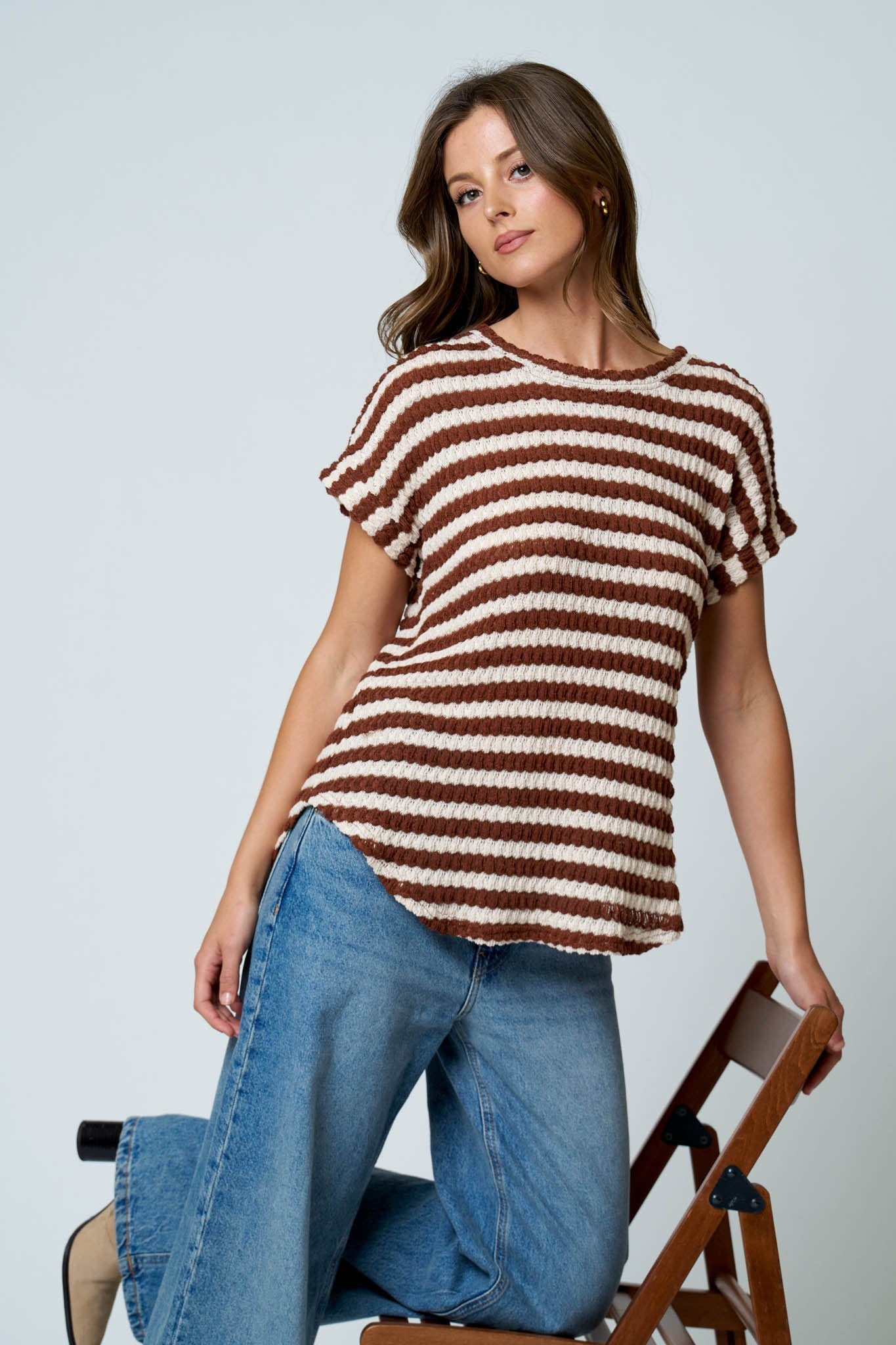 Brown Striped Short Sleeve Knit Top