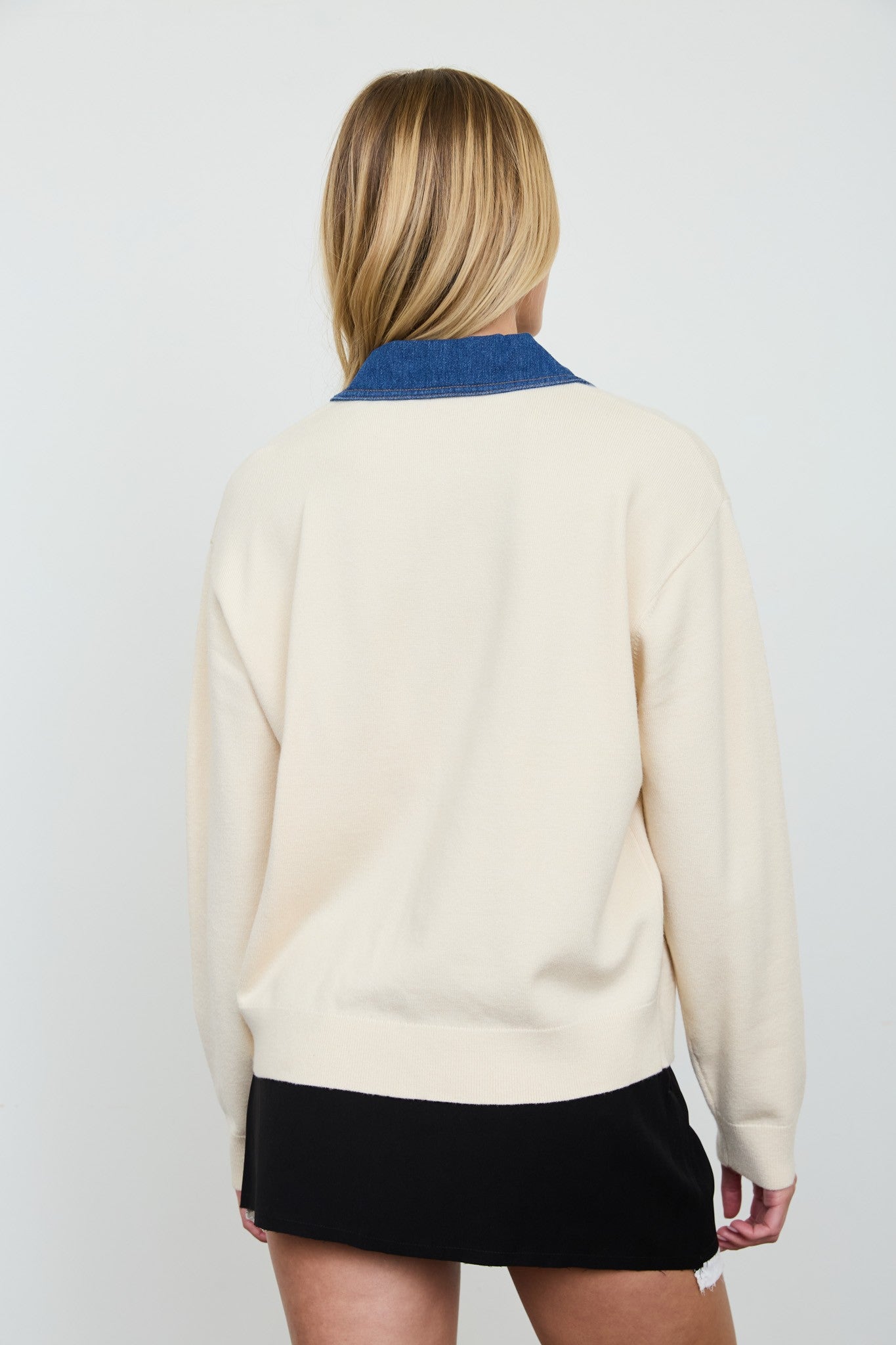 cream long sleeve denim collar top