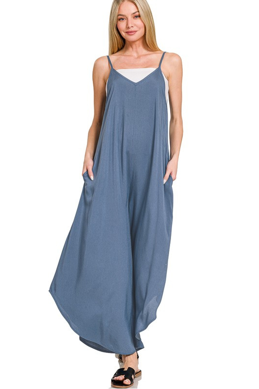 zenana blue sleeveless pocket jumpsuit