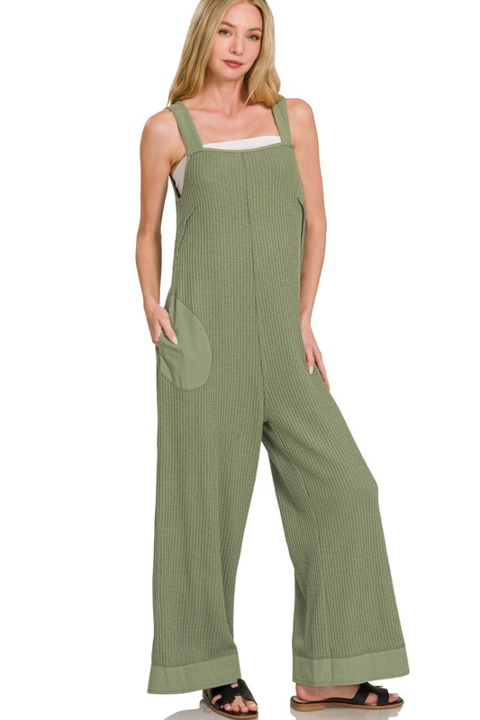 zenana olive green waffle knit jumpsuit