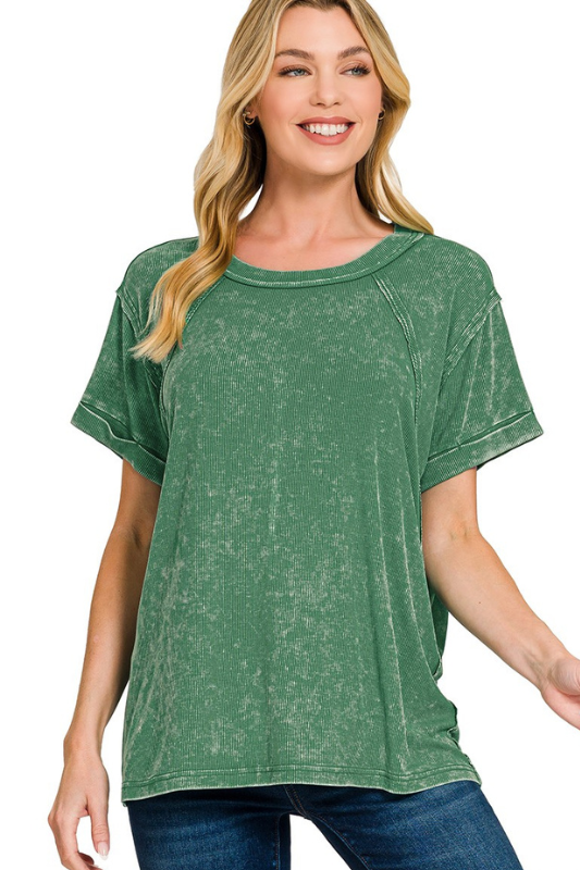 zenana green mineral wash short sleeve ribbed tee