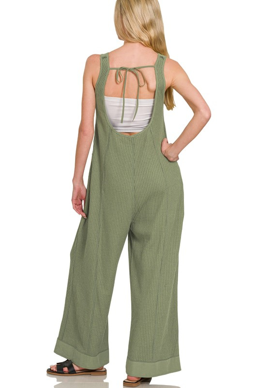 zenana green sleeveless wide leg jumpsuit