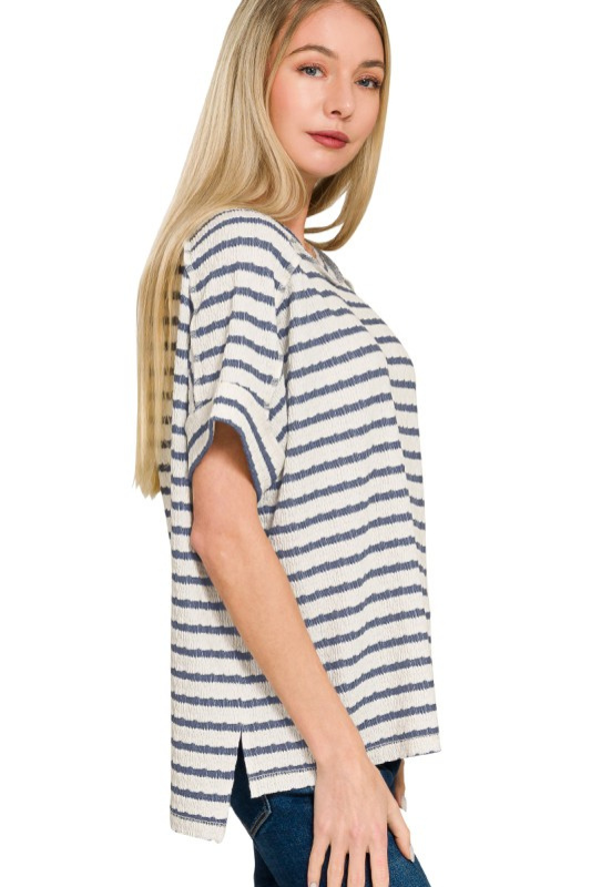 cream and blue striped flowy top