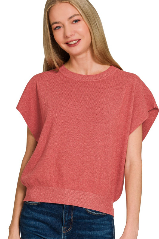 zenana rust short sleeve soft knit band top