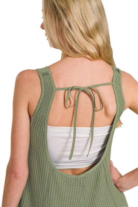 olive green waffle open back jumpsuit
