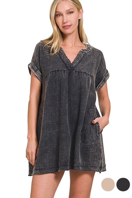 zenana black gauze short sleeve pocket dress