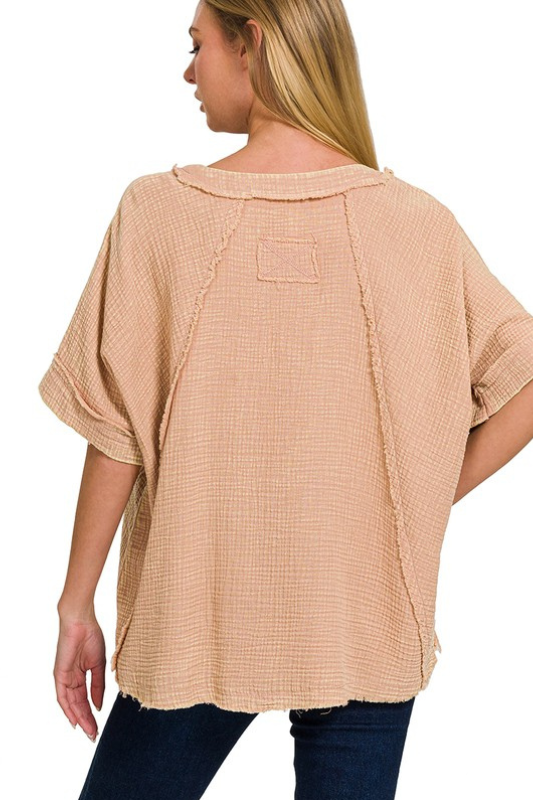 zenana dark beige gauze short sleeve oversized top