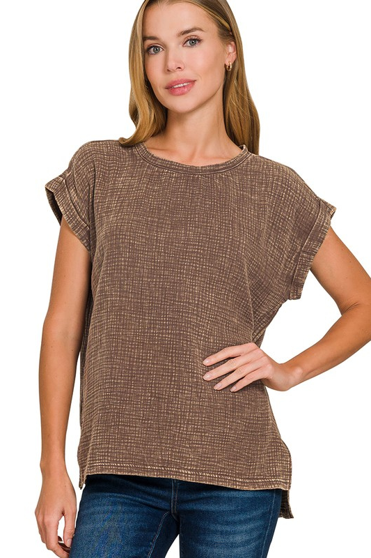 Brown Gauze Short Sleeve Top