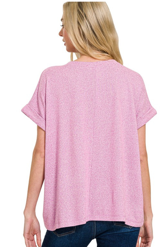 pink brushed knit short sleeve top