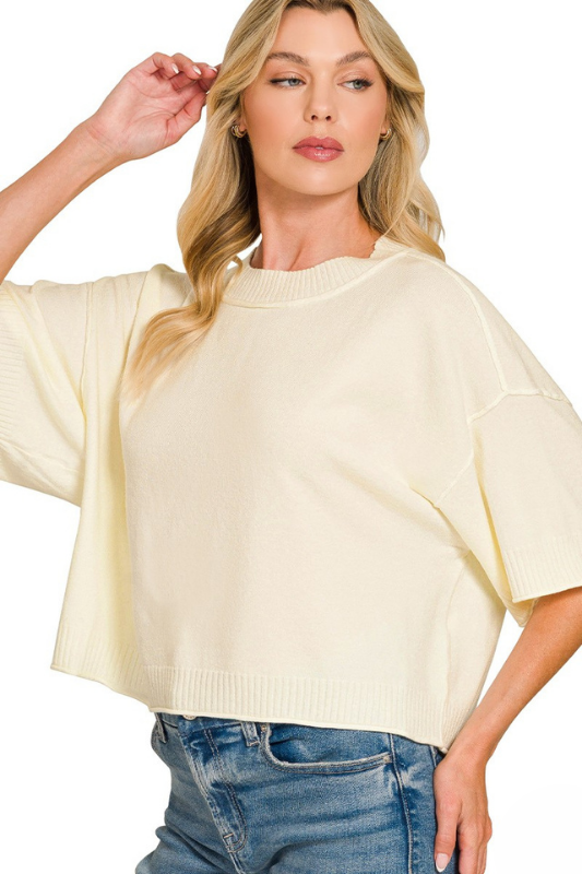 cream short sleeve knit boxy top
