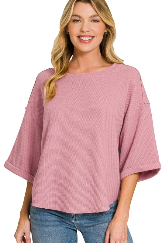 Waffle Knit Wide Sleeve Top