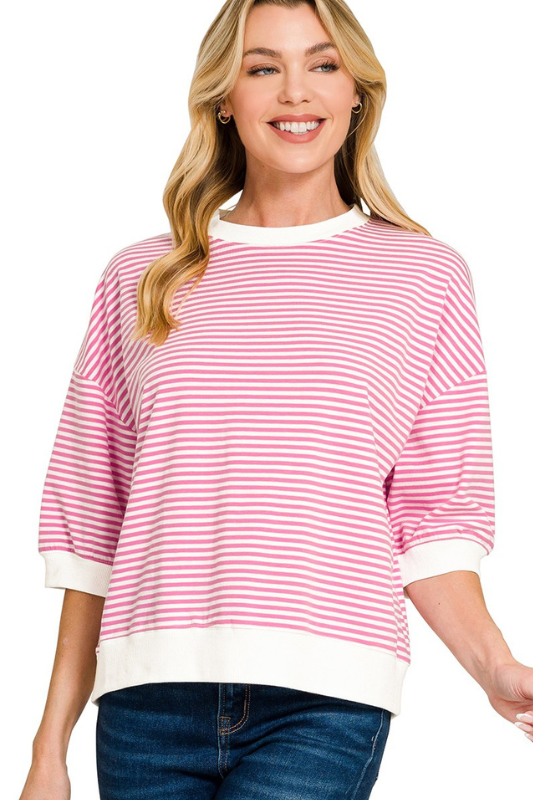 pink striped short sleeve top