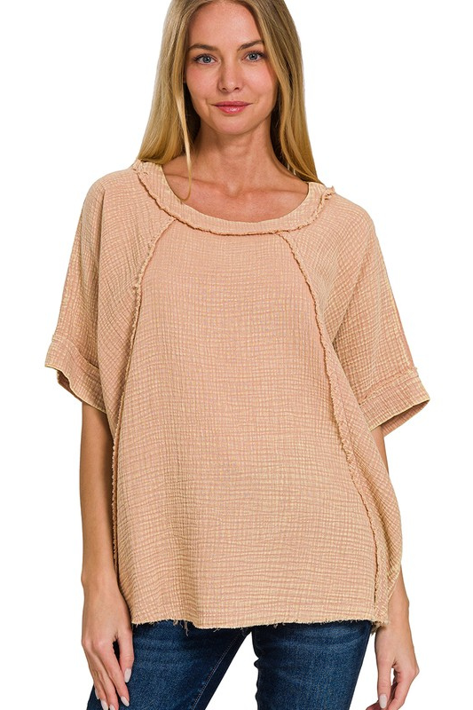 zenana dark beige short sleeve gauze flowy top