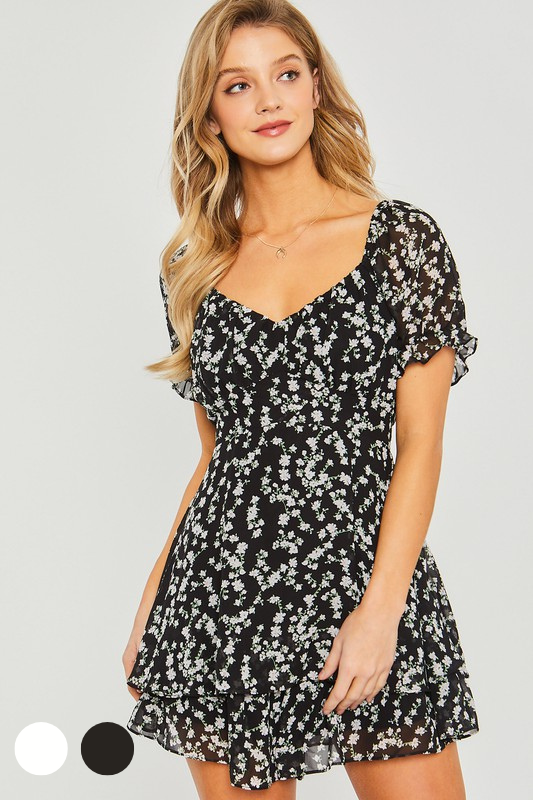 Floral Chiffon Puff Sleeve Tie Waist Romper