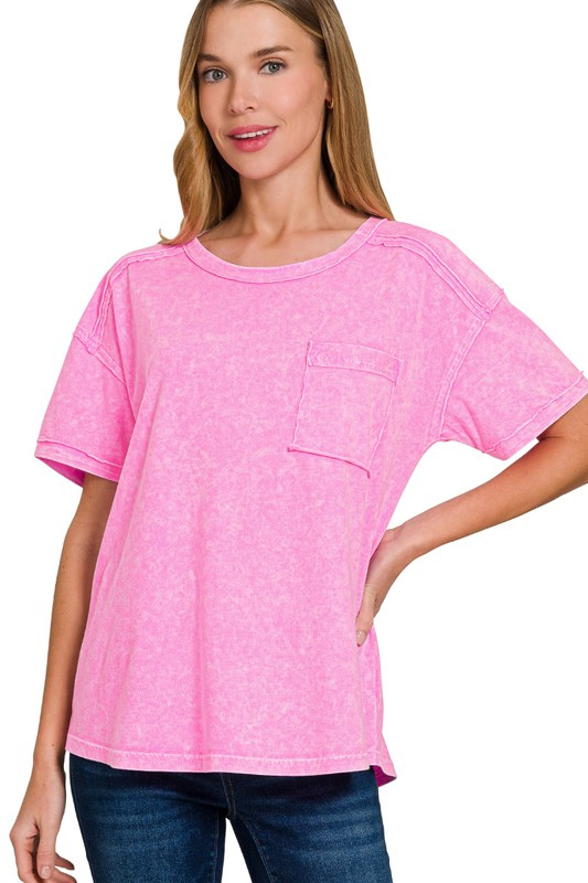 zenana pink mineral wash pocket t shirt