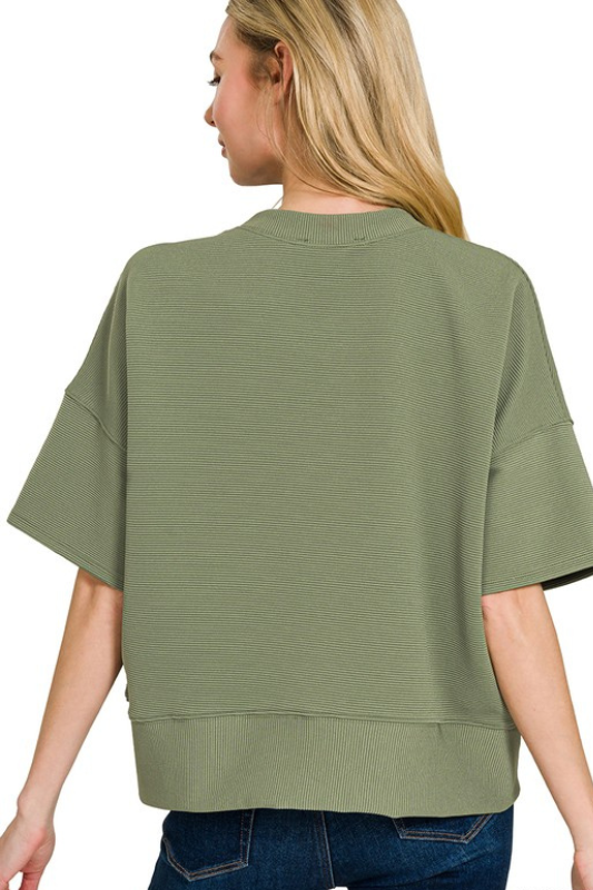 Olive Ribbed Short Sleeve Boxy Top