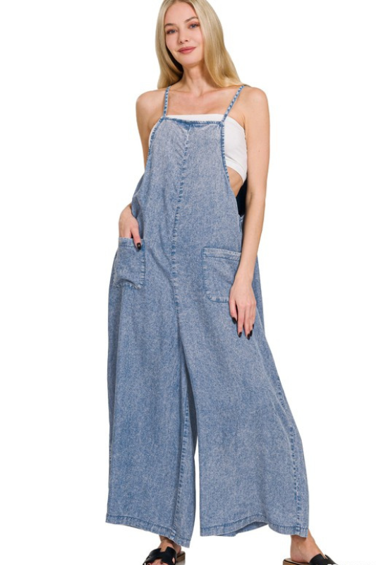 zenana blue wide leg overalls
