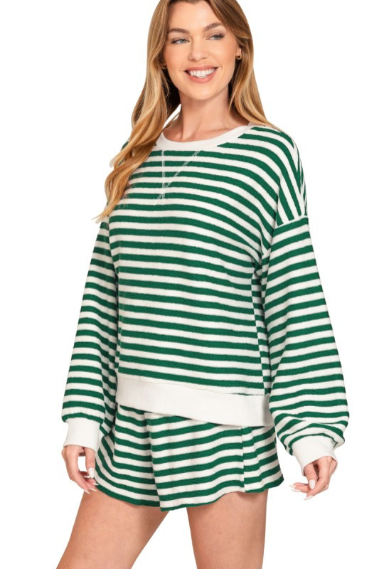 zenana green striped drawstring shorts