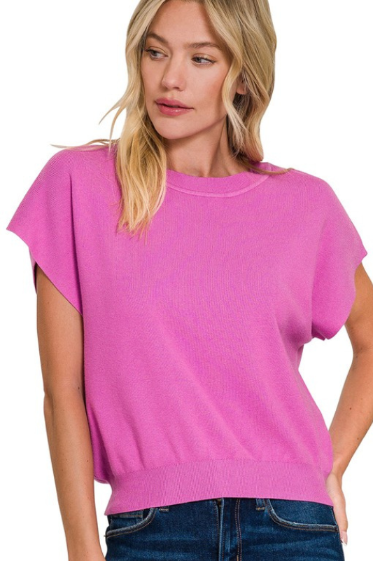 zenana bright pink short sleeve knit top