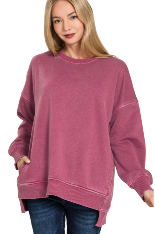 zenana wine long sleeve hi low sweatshirt