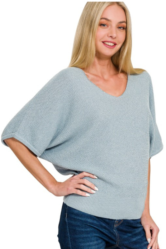 zenana grey blue dolman short sleeve knit top