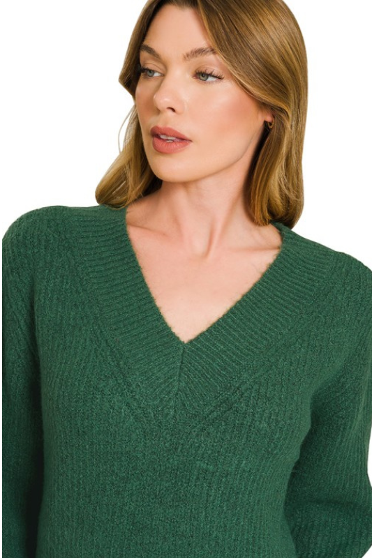 green v neck knit long sleeve sweater dress