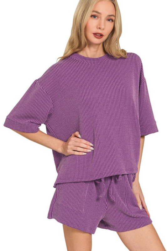 zenana plum ribbed short sleeve shorts set