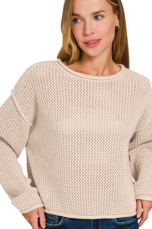 beige knit long sleeve pullover sweater