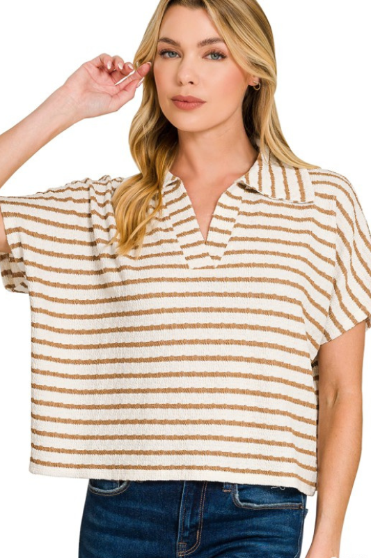 cream and brown striped collared short sleeve top