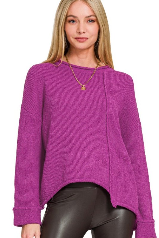 zenana plum knit asymmetrical sweater
