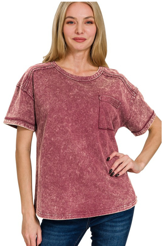 zenana wine short sleeve mineral wash top