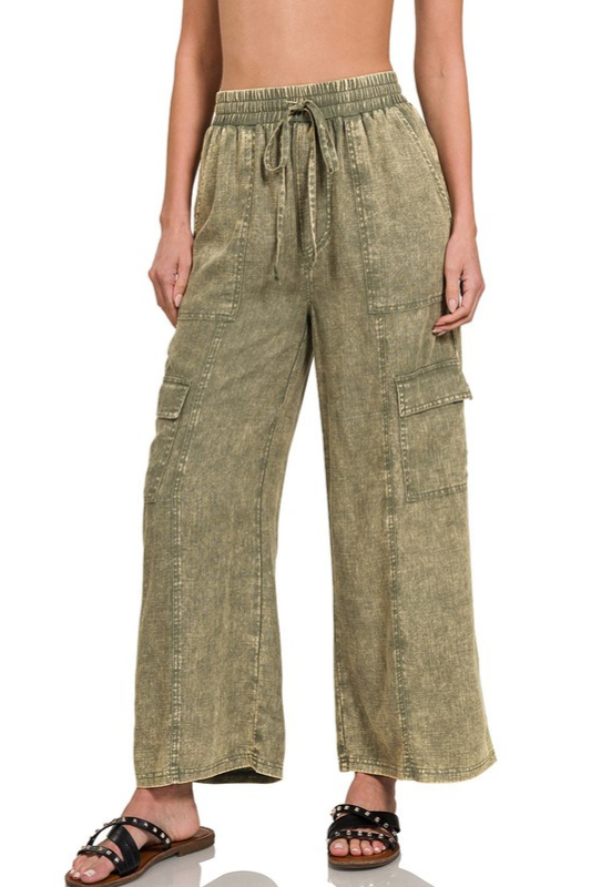 zenana olive green mineral wash drawstring pants