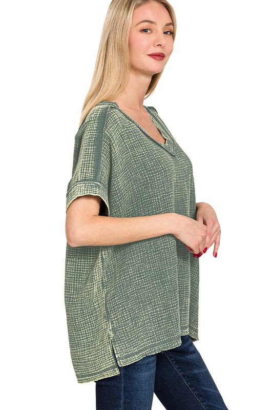 zenana green gauze short sleeve v neck top