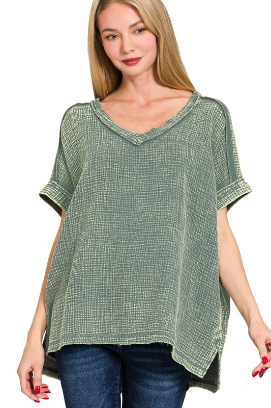 zenana jade green v neck gauze oversized top