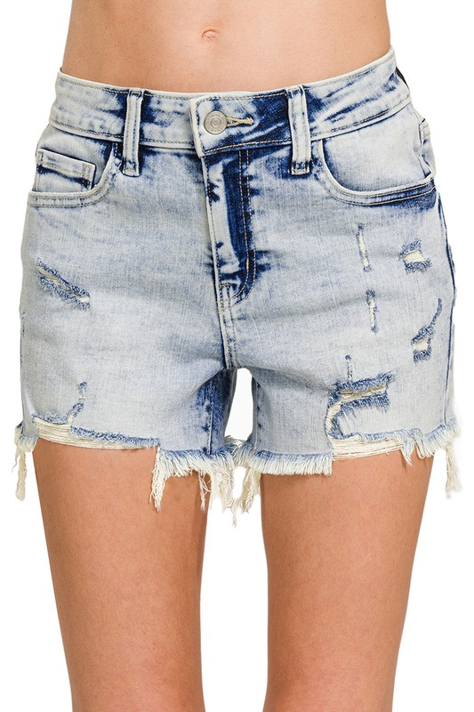 zenana light wash mid rise distressed denim shorts