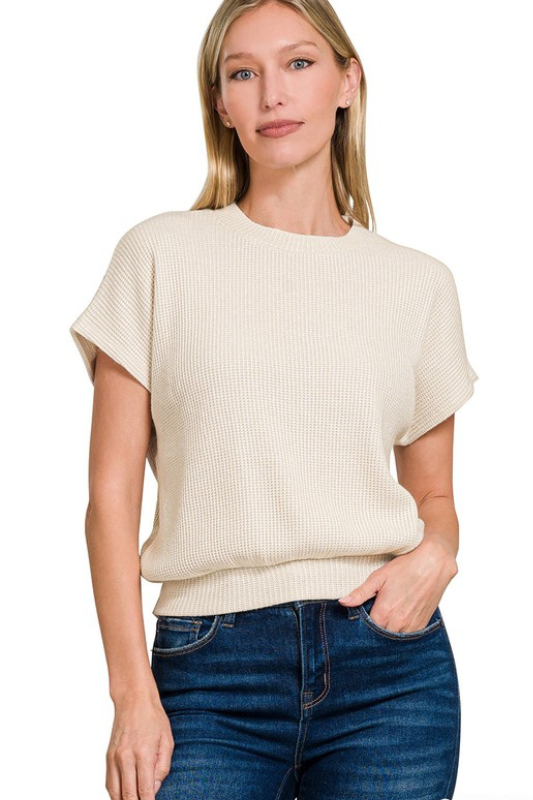 zenana light beige short sleeve knit banded top